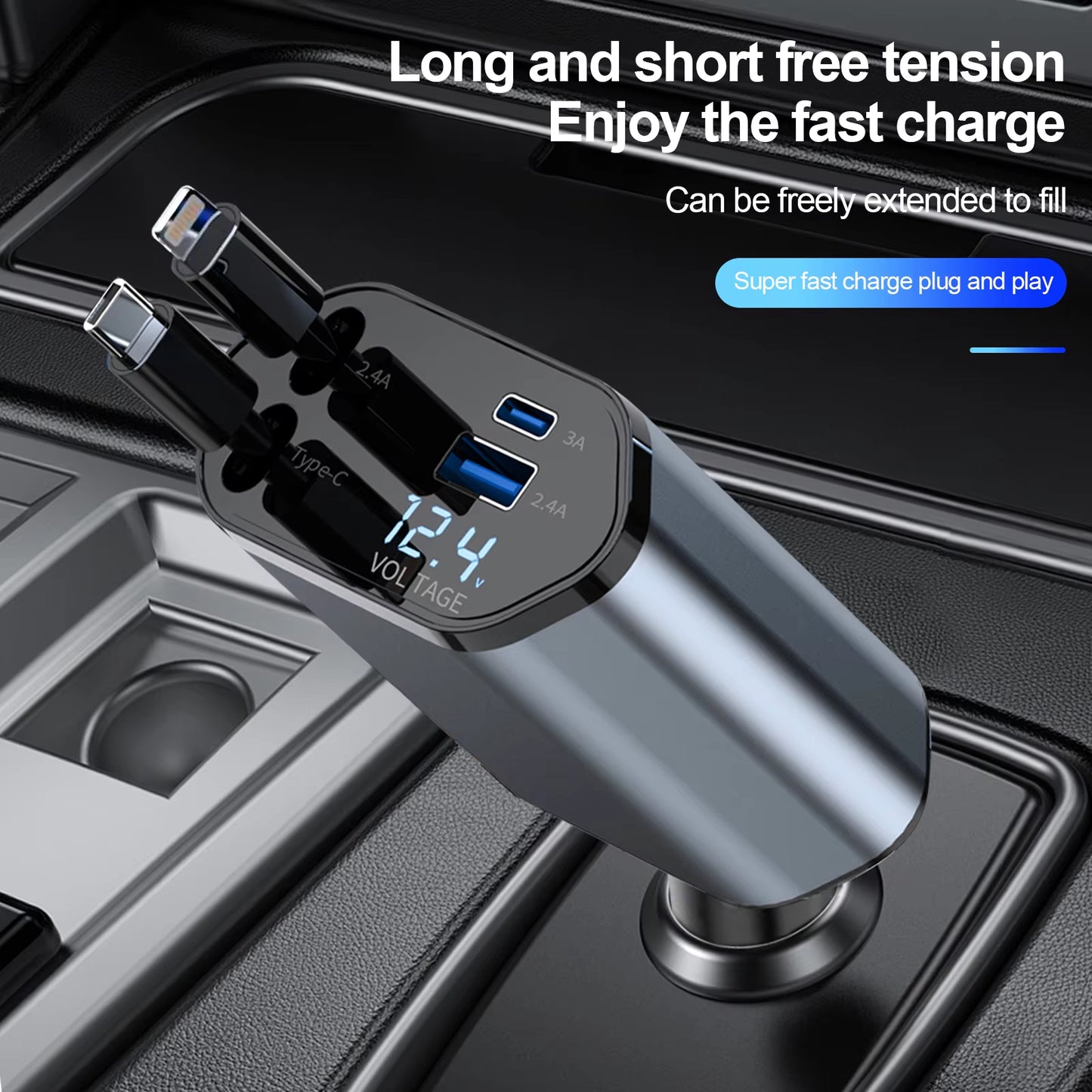 4 in 1 Retractable Car Charger, 100W Quick Charge with 2 USB Port, Retractable Iphone Charger & Tap-C Charger, Retractable Cable